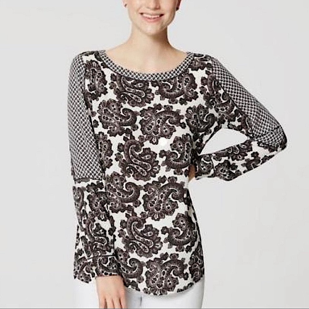 LOFT Black and White Paisley Long Sleeve Blouse | Size Small